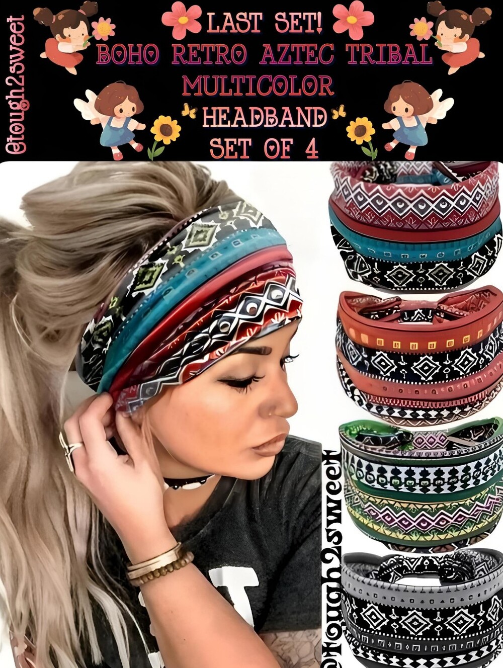 🆕️LAST SET❣️BOHO RETRO AZTEC MULTICOLOR ACTIVE WEAR HEADBAND SET OF 4